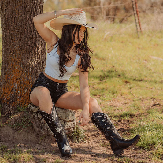 Hensley - Bold Black Cowgirl Boots with Star Embellishments