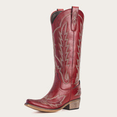 Rosemary - Crimson Leather Embroidered Cowgirl Boots with Intricate Stitching