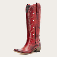 Stella - Red Genuine Leather Starry Embroidered Cowgirl Boots with Bold Detailing