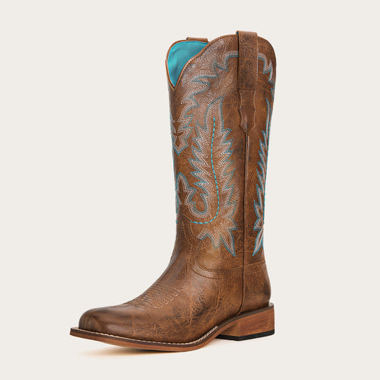 Sarah - Brown Cowgirl Boots with Turquoise Embroidery