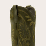 Abbie - Olive Green Suede Cowgirl Boots with Leaf Embroidery