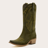 Abbie - Olive Green Suede Cowgirl Boots with Leaf Embroidery