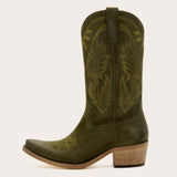 Abbie - Olive Green Suede Cowgirl Boots with Leaf Embroidery