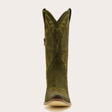 Abbie - Olive Green Suede Cowgirl Boots with Leaf Embroidery