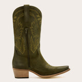 Abbie - Olive Green Suede Cowgirl Boots with Leaf Embroidery