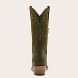 Abbie - Olive Green Suede Cowgirl Boots with Leaf Embroidery