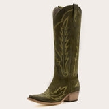 Rosemary - Olive Suede Embroidered Cowgirl Boots with Elegant Detailing