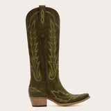 Rosemary - Olive Suede Embroidered Cowgirl Boots with Elegant Detailing