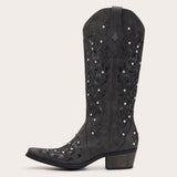 Ballou - Black Embroidered Cowgirl Boots with Rhinestone Accents