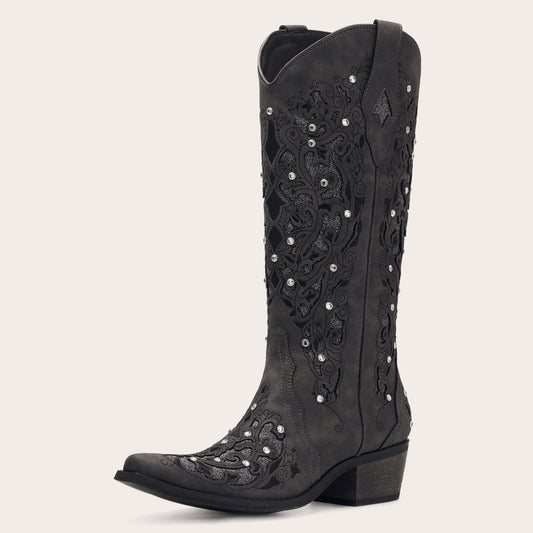 Ballou - Black Embroidered Cowgirl Boots with Rhinestone Accents