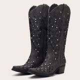 Ballou - Black Embroidered Cowgirl Boots with Rhinestone Accents