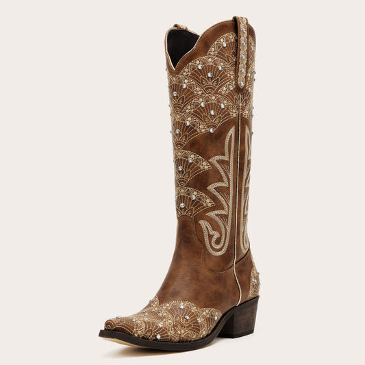 Swenney - Brown Embroidered Cowgirl Boots with Stud Accents