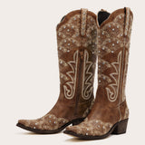 Swenney - Brown Embroidered Cowgirl Boots with Stud Accents