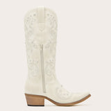 Missie - Embroidered Ivory Cowgirl Boots with Pearls and Swirls