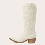 Missie - Embroidered Ivory Cowgirl Boots with Pearls and Swirls