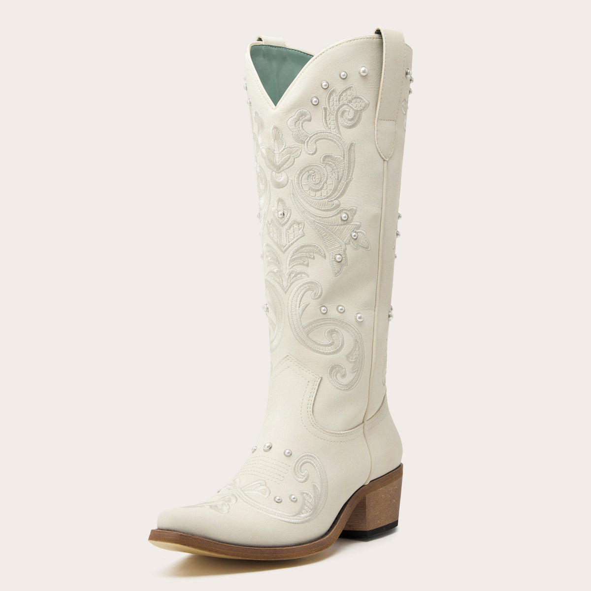 Missie - Embroidered Ivory Cowgirl Boots with Pearls and Swirls