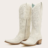 Missie - Embroidered Ivory Cowgirl Boots with Pearls and Swirls