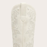 Missie - Embroidered Ivory Cowgirl Boots with Pearls and Swirls