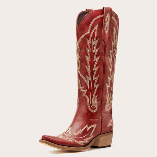 Rosemary - Burgundy Embroidered Cowgirl Boots with Intricate Stitching