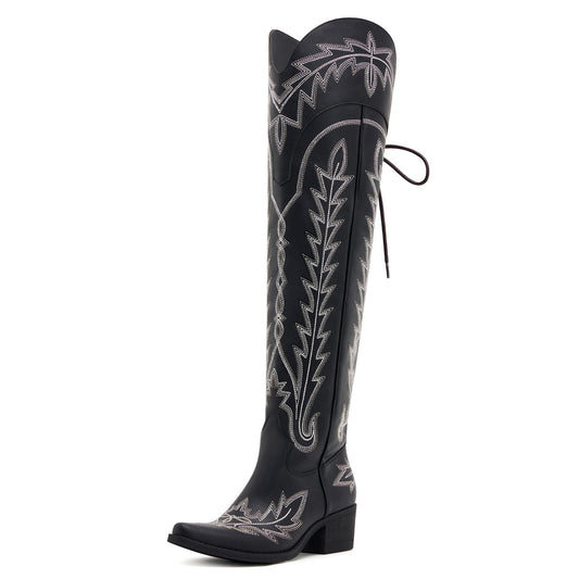 Ross - Over-the-Knee Cowgirl Boots with Adjustable Calf Fit and Back Lace-Up Detailing