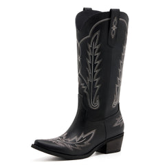 REDTOP Women's Black Mid-calf Embroidered Cowgirl Boots with Intricate Stitching