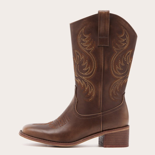 Bronco - Women's Brown Square Toe Embroidered Cowgirl Boots