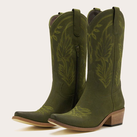 Abbie - Olive Green Suede Cowgirl Boots with Leaf Embroidery