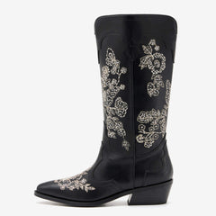 Women's Black Mid-Calf Cowgirl Boots with Floral Embroidery