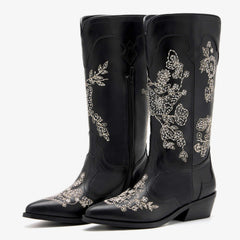Women's Black Mid-Calf Cowgirl Boots with Floral Embroidery