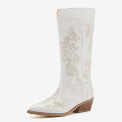 Women's White Mid-Calf Cowgirl Boots with Floral Embroidery