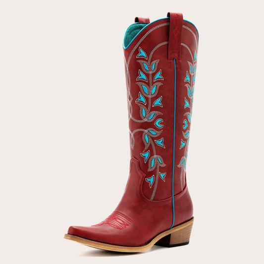 Belle - Women's Red Cowgirl Boots Snip Toe with Blue Floral Embroidery