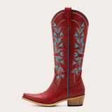 Belle - Women's Red Cowgirl Boots Snip Toe with Blue Floral Embroidery