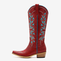 Women's Red Snip Toe Cowgirl Boots with Blue Floral Embroidery