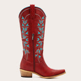 Belle - Women's Red Cowgirl Boots Snip Toe with Blue Floral Embroidery