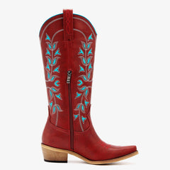 Women's Red Snip Toe Cowgirl Boots with Blue Floral Embroidery