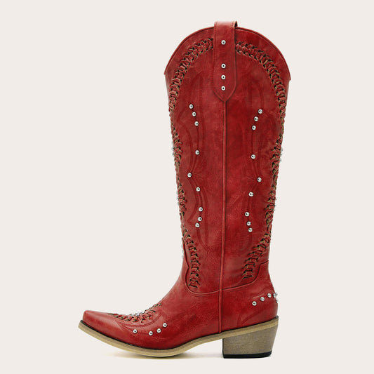 Kitty - Snip Toe Red Women Cowgirl Boots with Cutout Woven Rhinestone