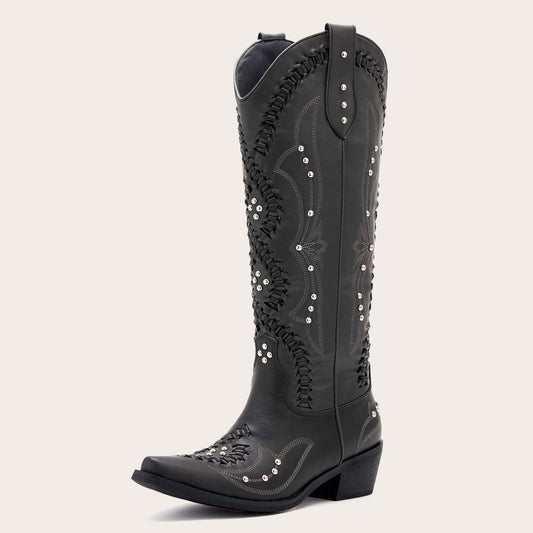 Kitty - Snip Toe Black Women Cowgirl Boots with Cutout Woven Rhinestone