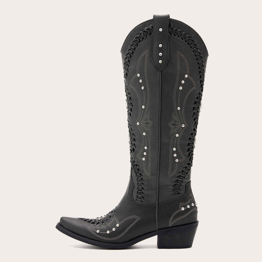 Kitty - Snip Toe Black Women Cowgirl Boots with Cutout Woven Rhinestone