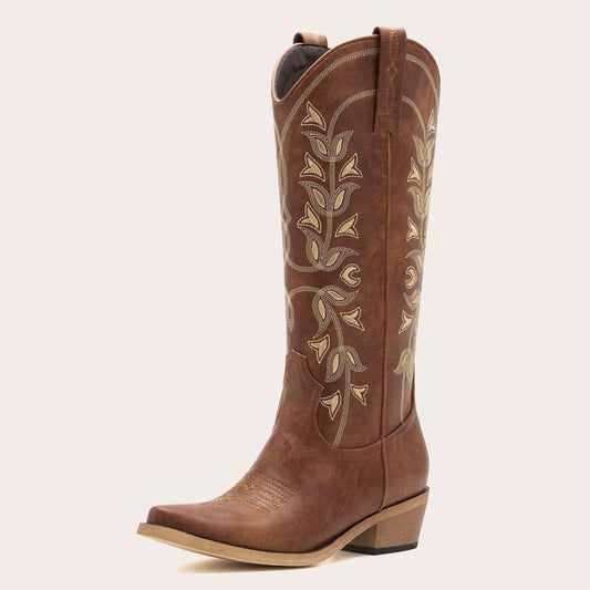 Belle - Women's Brown Cowgirl Boots Snip Toe with Blue Floral Embroidery