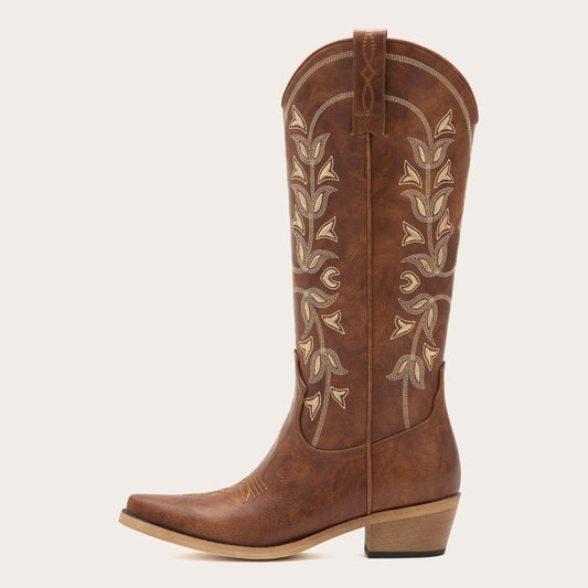 Belle - Women's Brown Cowgirl Boots Snip Toe with Blue Floral Embroidery