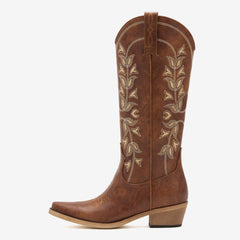 Women's Brown Snip Toe Cowgirl Boots with Floral Embroidery
