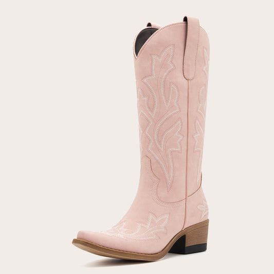 Etta - Silk Moire Pink Cowgirl Boots with Delicate Embroidery