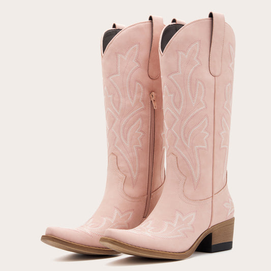 Etta - Silk Moire Pink Cowgirl Boots with Delicate Embroidery