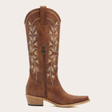 Belle - Women's Brown Cowgirl Boots Snip Toe with Blue Floral Embroidery