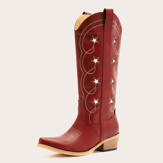 Stella - Red Starry Embroidered Cowgirl Boots with Bold Detailing