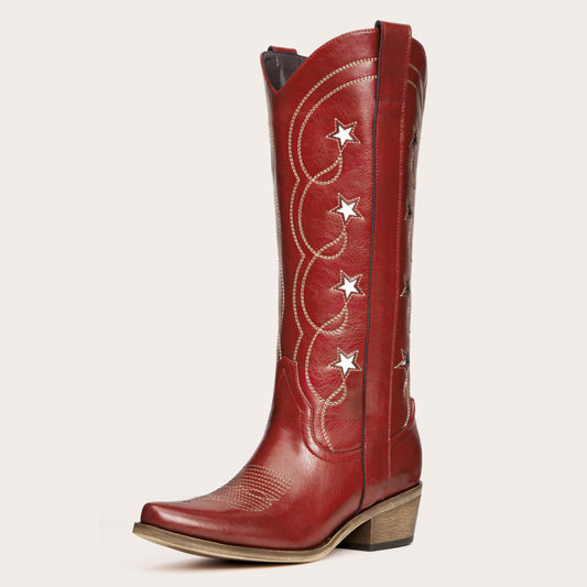 Stella - Red Starry Embroidered Cowgirl Boots with Bold Detailing