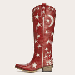 Celestial - Burgundy Star and Moon Embroidered Cowboy Boots