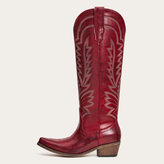 Laurey - Crimson Embroidered Cowgirl Boots with Classic Western Flair