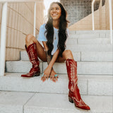 Rosemary - Burgundy Embroidered Cowgirl Boots with Intricate Stitching