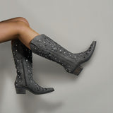 Ballou - Black Embroidered Cowgirl Boots with Rhinestone Accents